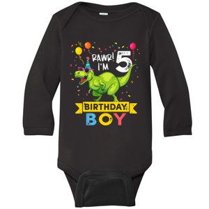 Funny Kids 5 Year Old Gift 5th Birthday Boy T Rex Dinosaur Gift Baby Long Sleeve Bodysuit