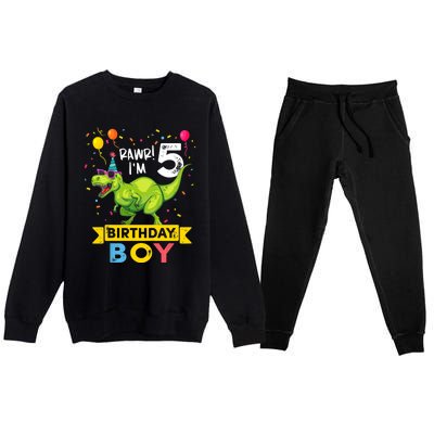 Funny Kids 5 Year Old Gift 5th Birthday Boy T Rex Dinosaur Gift Premium Crewneck Sweatsuit Set