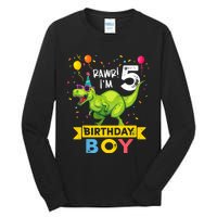 Funny Kids 5 Year Old Gift 5th Birthday Boy T Rex Dinosaur Gift Tall Long Sleeve T-Shirt