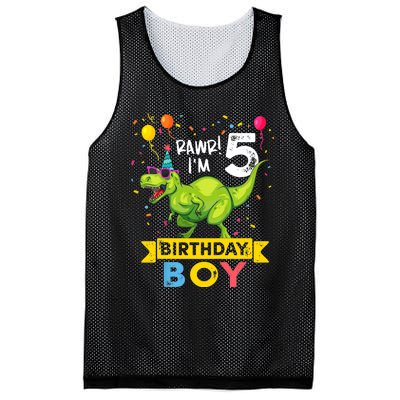 Funny Kids 5 Year Old Gift 5th Birthday Boy T Rex Dinosaur Gift Mesh Reversible Basketball Jersey Tank