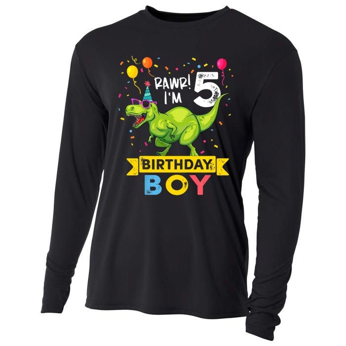 Funny Kids 5 Year Old Gift 5th Birthday Boy T Rex Dinosaur Gift Cooling Performance Long Sleeve Crew