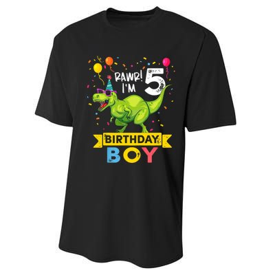 Funny Kids 5 Year Old Gift 5th Birthday Boy T Rex Dinosaur Gift Performance Sprint T-Shirt