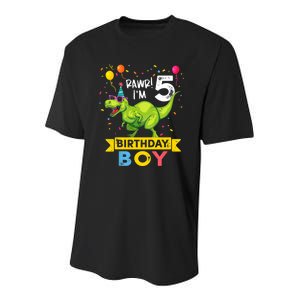 Funny Kids 5 Year Old Gift 5th Birthday Boy T Rex Dinosaur Gift Youth Performance Sprint T-Shirt