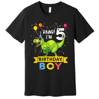 Funny Kids 5 Year Old Gift 5th Birthday Boy T Rex Dinosaur Gift Premium T-Shirt