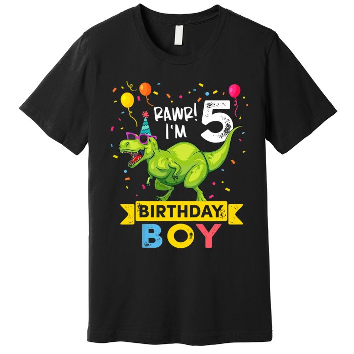 Funny Kids 5 Year Old Gift 5th Birthday Boy T Rex Dinosaur Gift Premium T-Shirt