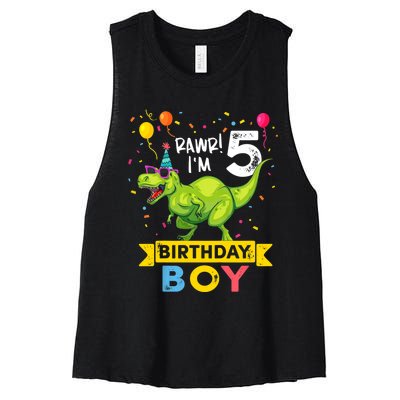 Funny Kids 5 Year Old Gift 5th Birthday Boy T Rex Dinosaur Gift Women's Racerback Cropped Tank