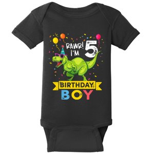 Funny Kids 5 Year Old Gift 5th Birthday Boy T Rex Dinosaur Gift Baby Bodysuit