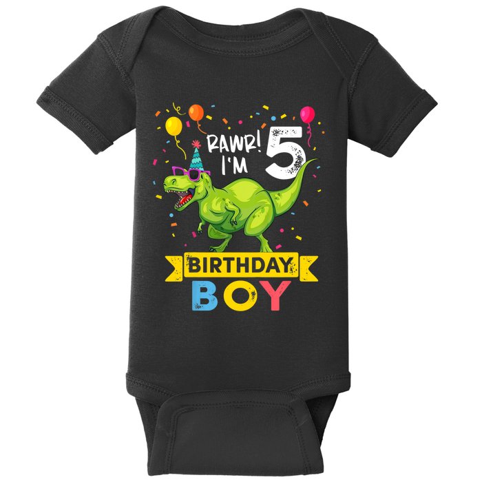 Funny Kids 5 Year Old Gift 5th Birthday Boy T Rex Dinosaur Gift Baby Bodysuit