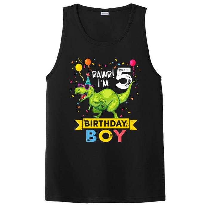 Funny Kids 5 Year Old Gift 5th Birthday Boy T Rex Dinosaur Gift PosiCharge Competitor Tank