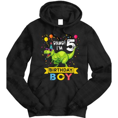 Funny Kids 5 Year Old Gift 5th Birthday Boy T Rex Dinosaur Gift Tie Dye Hoodie