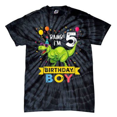 Funny Kids 5 Year Old Gift 5th Birthday Boy T Rex Dinosaur Gift Tie-Dye T-Shirt