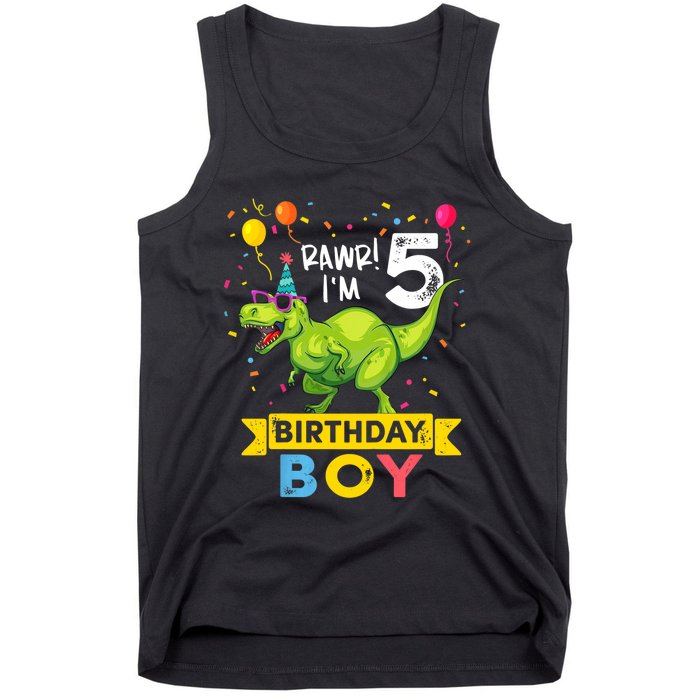 Funny Kids 5 Year Old Gift 5th Birthday Boy T Rex Dinosaur Gift Tank Top