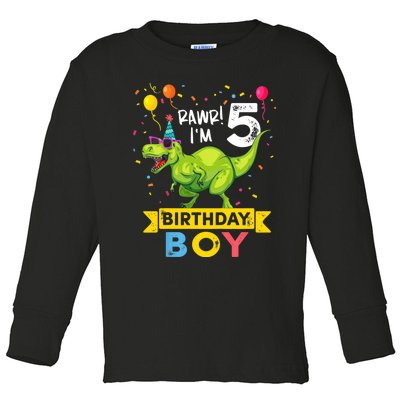 Funny Kids 5 Year Old Gift 5th Birthday Boy T Rex Dinosaur Gift Toddler Long Sleeve Shirt