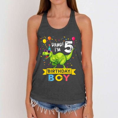 Funny Kids 5 Year Old Gift 5th Birthday Boy T Rex Dinosaur Gift Women's Knotted Racerback Tank