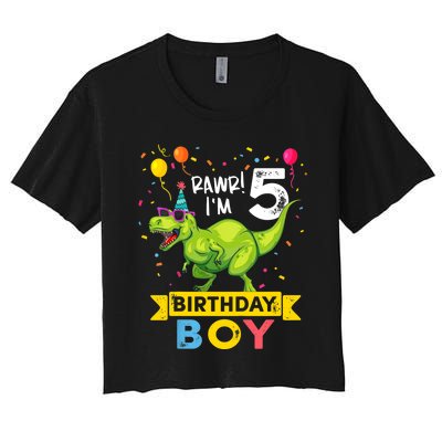 Funny Kids 5 Year Old Gift 5th Birthday Boy T Rex Dinosaur Gift Women's Crop Top Tee