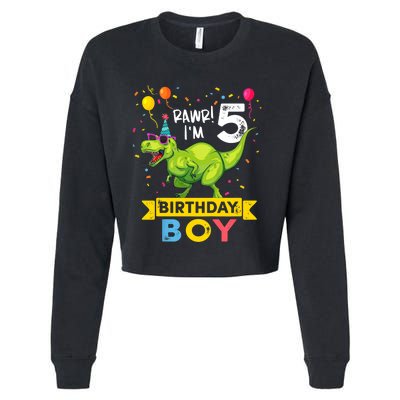 Funny Kids 5 Year Old Gift 5th Birthday Boy T Rex Dinosaur Gift Cropped Pullover Crew