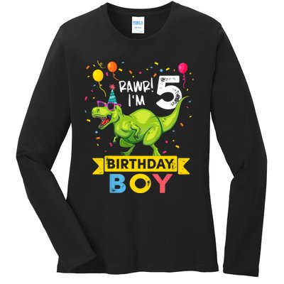 Funny Kids 5 Year Old Gift 5th Birthday Boy T Rex Dinosaur Gift Ladies Long Sleeve Shirt