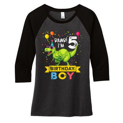 Funny Kids 5 Year Old Gift 5th Birthday Boy T Rex Dinosaur Gift Women's Tri-Blend 3/4-Sleeve Raglan Shirt