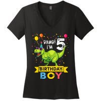 Funny Kids 5 Year Old Gift 5th Birthday Boy T Rex Dinosaur Gift Women's V-Neck T-Shirt