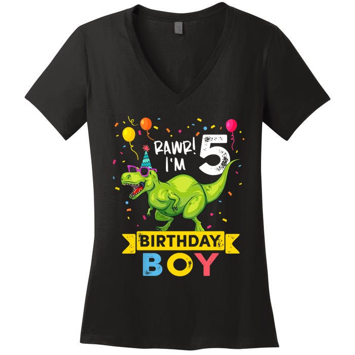 Funny Kids 5 Year Old Gift 5th Birthday Boy T Rex Dinosaur Gift Women's V-Neck T-Shirt