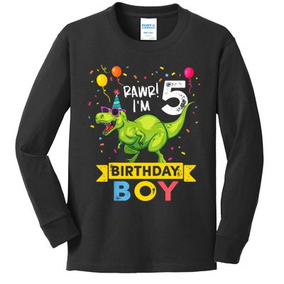 Funny Kids 5 Year Old Gift 5th Birthday Boy T Rex Dinosaur Gift Kids Long Sleeve Shirt