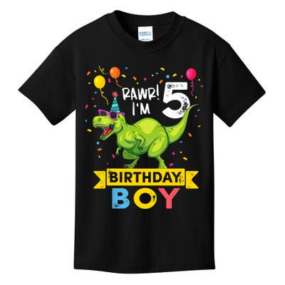 Funny Kids 5 Year Old Gift 5th Birthday Boy T Rex Dinosaur Gift Kids T-Shirt