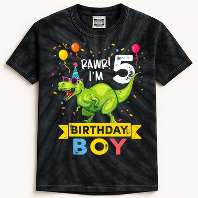 Funny Kids 5 Year Old Gift 5th Birthday Boy T Rex Dinosaur Gift Kids Tie-Dye T-Shirt