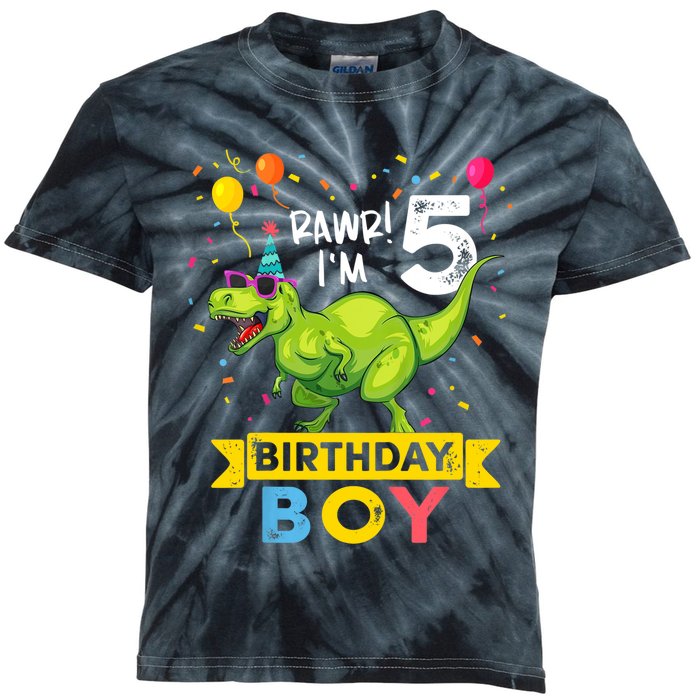 Funny Kids 5 Year Old Gift 5th Birthday Boy T Rex Dinosaur Gift Kids Tie-Dye T-Shirt