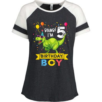 Funny Kids 5 Year Old Gift 5th Birthday Boy T Rex Dinosaur Gift Enza Ladies Jersey Colorblock Tee