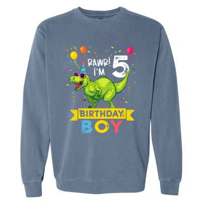 Funny Kids 5 Year Old Gift 5th Birthday Boy T Rex Dinosaur Gift Garment-Dyed Sweatshirt