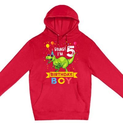 Funny Kids 5 Year Old Gift 5th Birthday Boy T Rex Dinosaur Gift Premium Pullover Hoodie