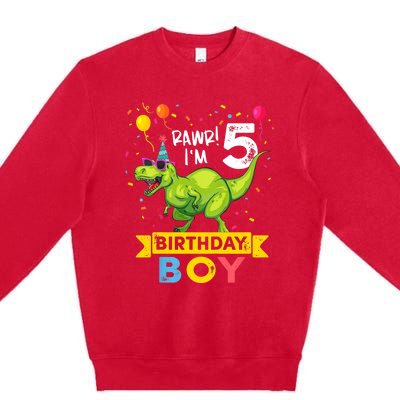 Funny Kids 5 Year Old Gift 5th Birthday Boy T Rex Dinosaur Gift Premium Crewneck Sweatshirt