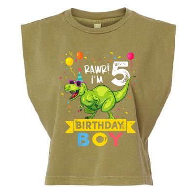 Funny Kids 5 Year Old Gift 5th Birthday Boy T Rex Dinosaur Gift Garment-Dyed Women's Muscle Tee