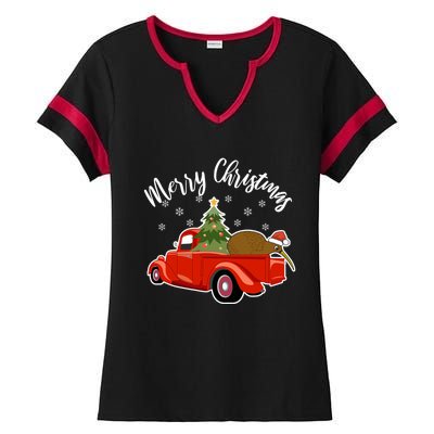 Funny Kiwi Bird Lover Xmas Santa Hat Red PickUp Truck Funny Gift Ladies Halftime Notch Neck Tee