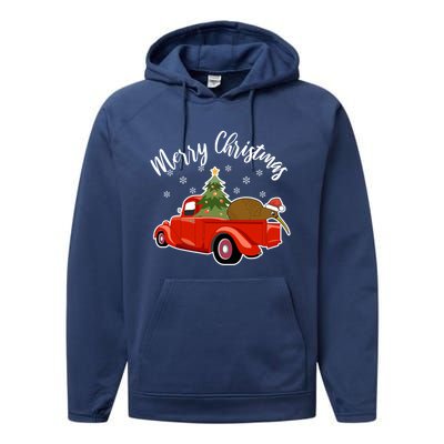 Funny Kiwi Bird Lover Xmas Santa Hat Red PickUp Truck Funny Gift Performance Fleece Hoodie