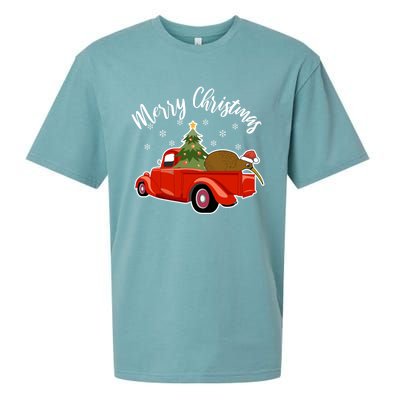 Funny Kiwi Bird Lover Xmas Santa Hat Red PickUp Truck Funny Gift Sueded Cloud Jersey T-Shirt