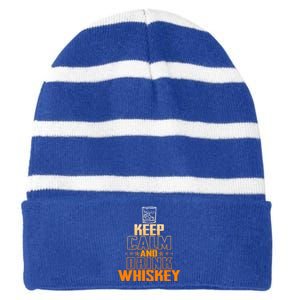 Funny Keep Calm And Whiskey Quote Whiskey Lover Adults Gift Striped Beanie with Solid Band