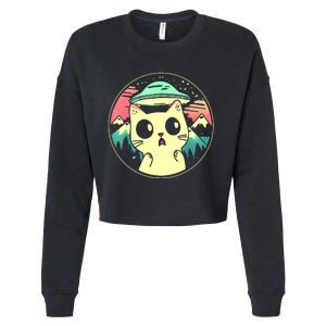 Funny Kawaii Cat Aliens And Ufo Cropped Pullover Crew