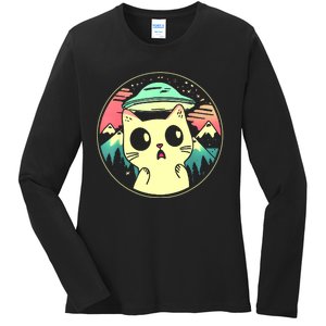 Funny Kawaii Cat Aliens And Ufo Ladies Long Sleeve Shirt