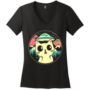 Funny Kawaii Cat Aliens And Ufo Women's V-Neck T-Shirt