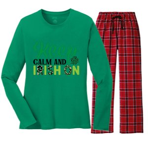 Funny Keep Calm And Irish On St Patricks Day Women's Long Sleeve Flannel Pajama Set 