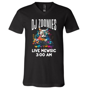 Funny Kitty Cat Lover Rainbow Funny DJ Music Zoomies V-Neck T-Shirt