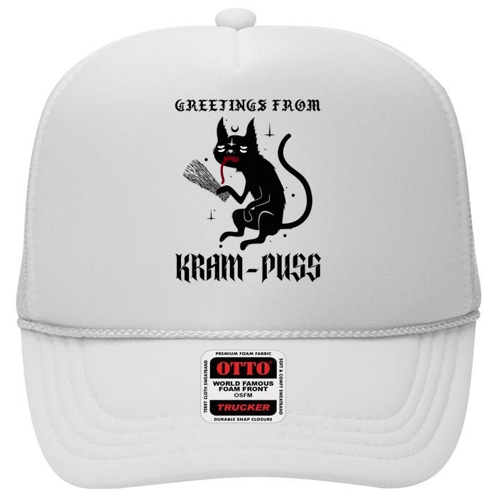 Funny Krampus Cat Christmas Greetings From Kram Puss Pagan High Crown Mesh Back Trucker Hat