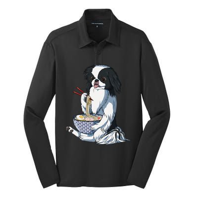 Funny Kawaii Dog Eats Ramen Noodles Japanese Chin Silk Touch Performance Long Sleeve Polo