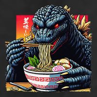 Funny Kaiju Eating Ramen Japanese Monster Lover Birthday 7 Panel Mesh Trucker Snapback Hat