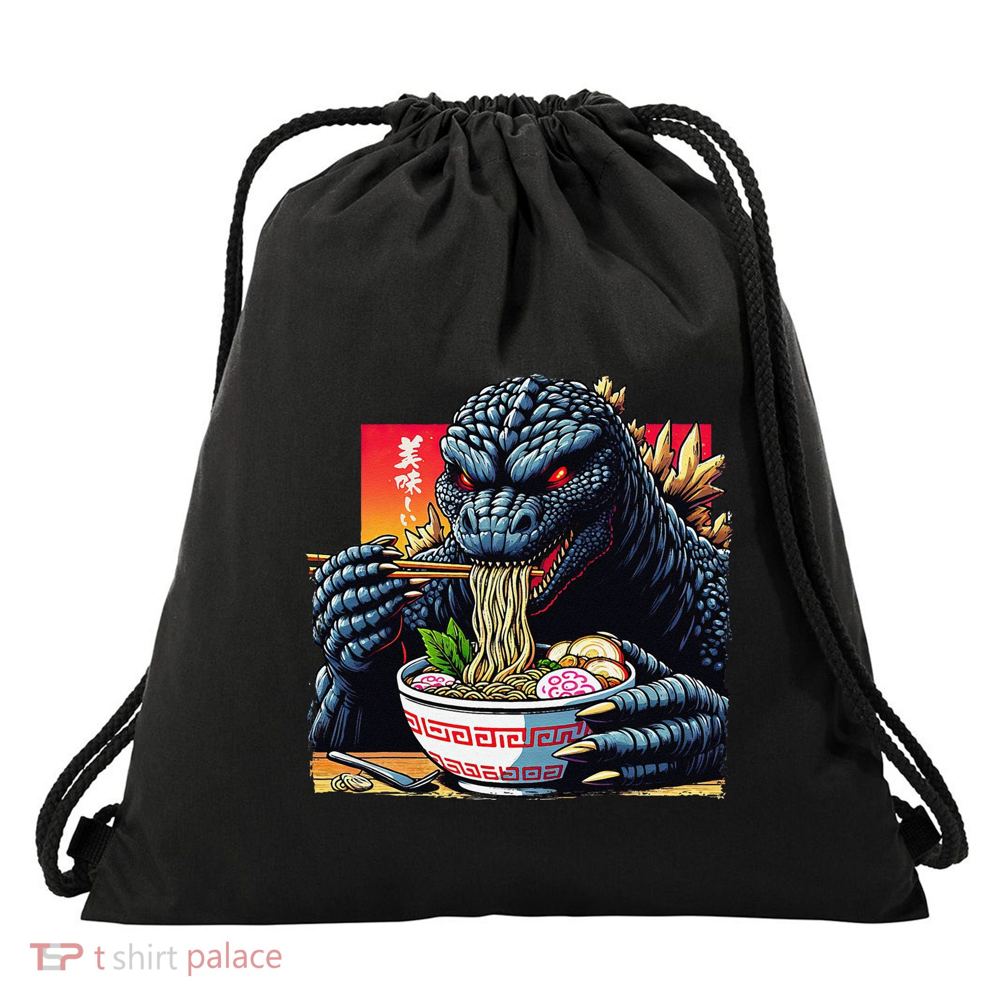 Funny Kaiju Eating Ramen Japanese Monster Lover Birthday Drawstring Bag