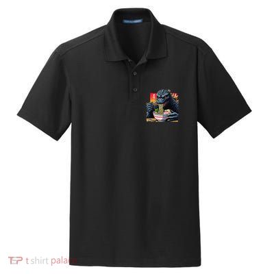 Funny Kaiju Eating Ramen Japanese Monster Lover Birthday Dry Zone Grid Polo