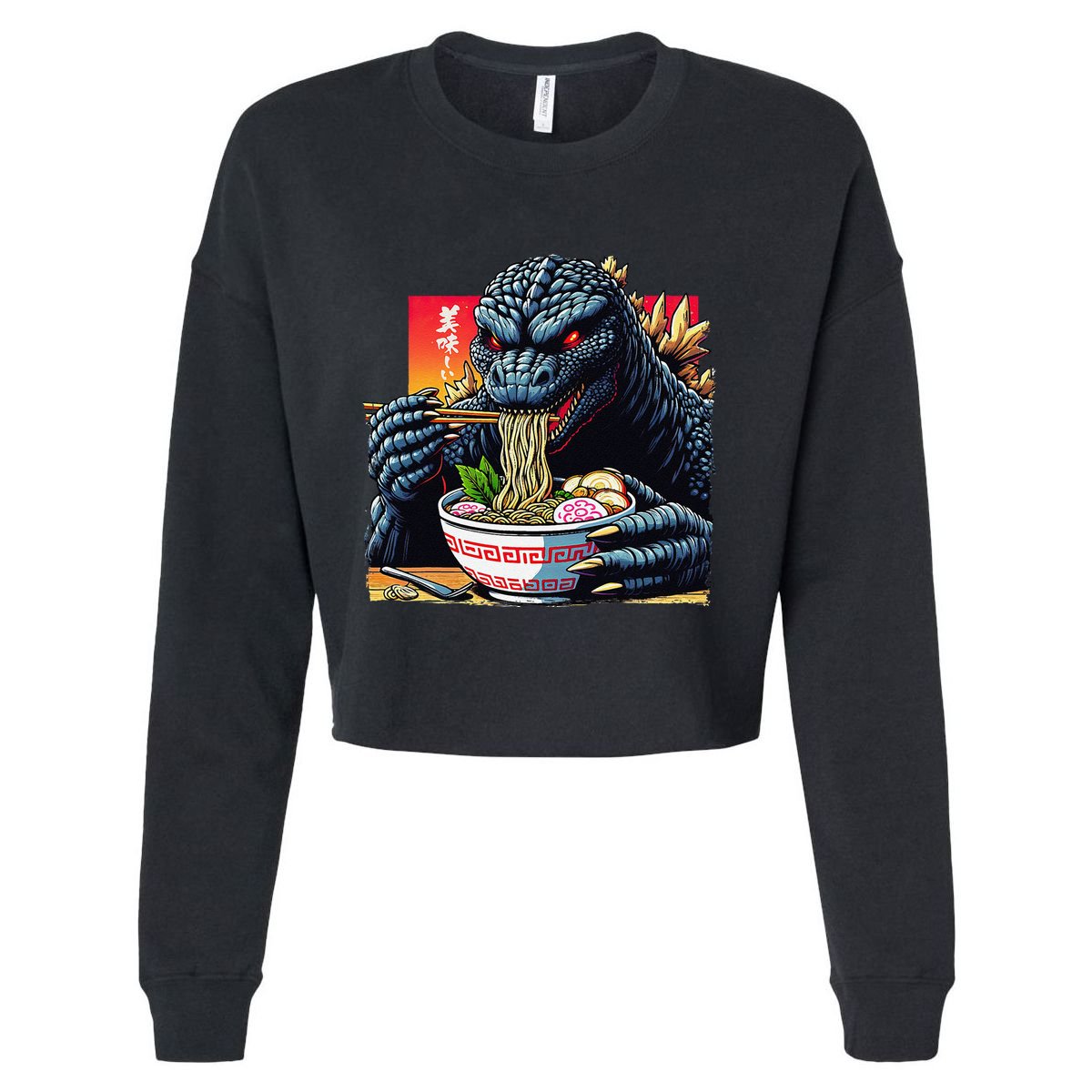 Funny Kaiju Eating Ramen Japanese Monster Lover Birthday Cropped Pullover Crew