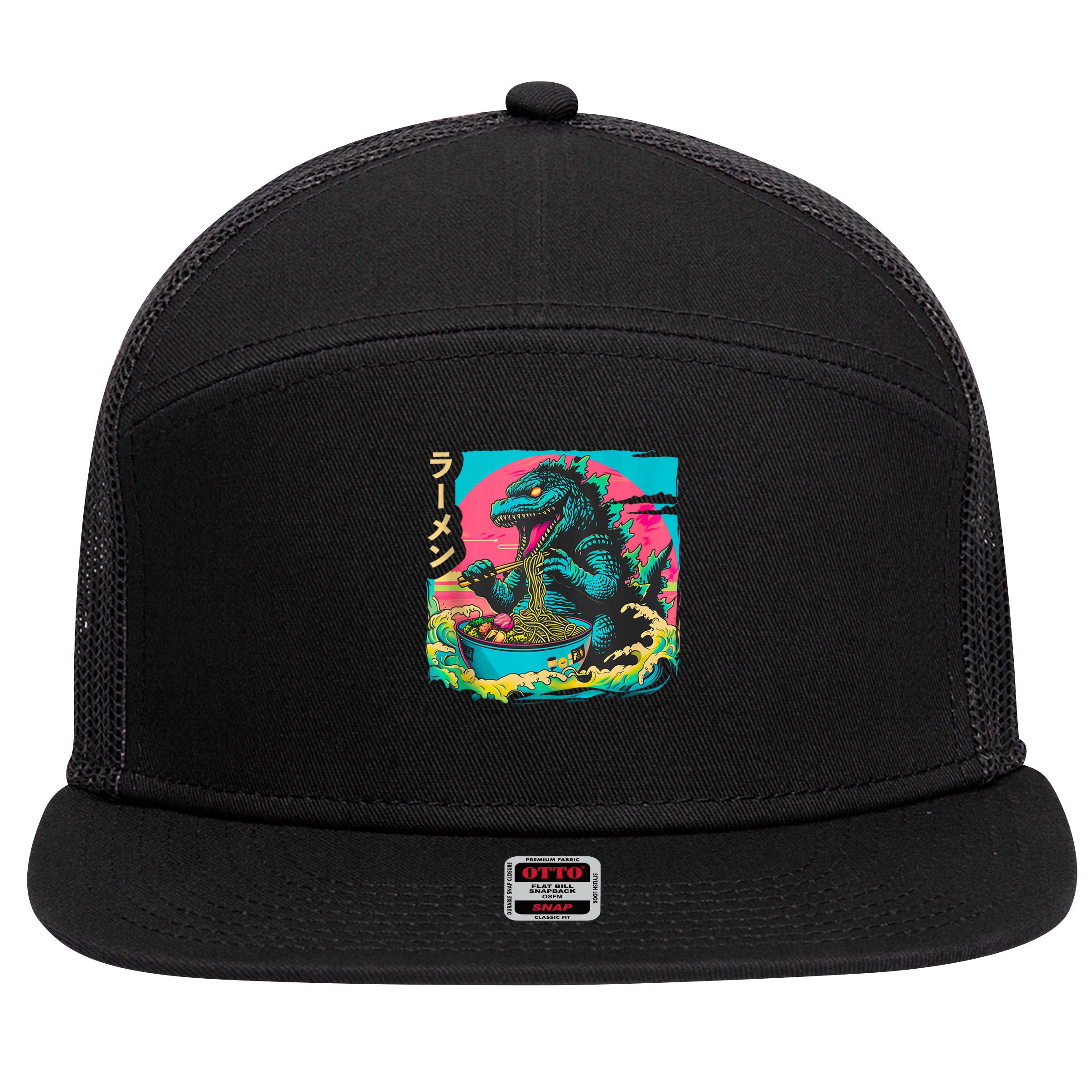 Funny Kaiju Eating Ramen Japanese Monster Lover Birthday 7 Panel Mesh Trucker Snapback Hat