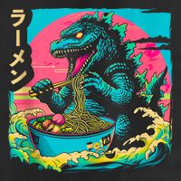 Funny Kaiju Eating Ramen Japanese Monster Lover Birthday 7 Panel Mesh Trucker Snapback Hat